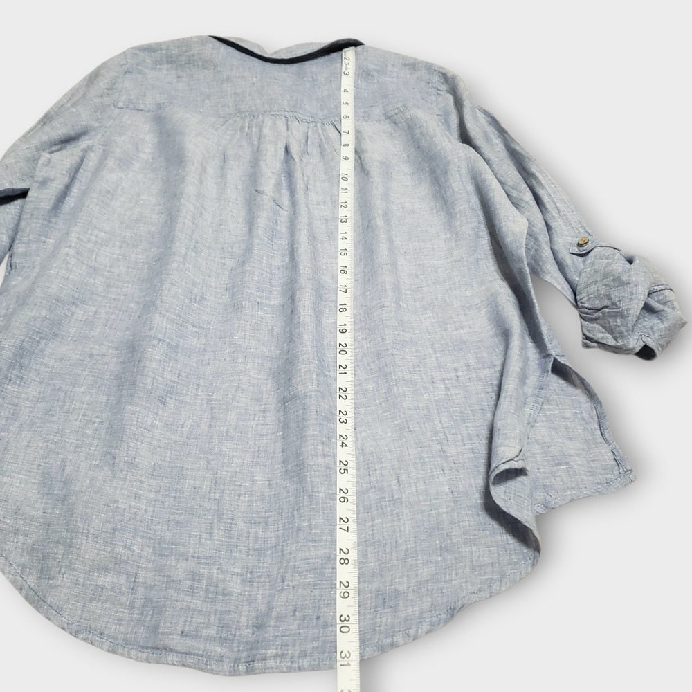 Sigrid Olsen Women Medium Blue 100% Linen Roll Tab Sleeve Henley Tunic Top - Picture 10 of 10